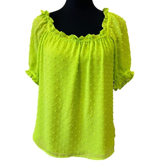 New CECE Women's Green Short Puff Sleeve Square Neck Clip Dot Top Size XS - Picture 2 of 6
